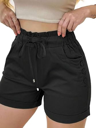 Solid Color Ruffle Waist Tie Pocket Casual Shorts For Women
