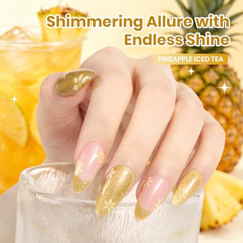 Image of Beetles Pineapple Iced Tea Yellow Cat Eye Gel Nail Polish - 9ML Glitter Yellow Cat Eye Spring Gel Polish Magnetic Shimmer Effect Soak Off UV Nail Art Design Salon DIY Manicure Gift for Women