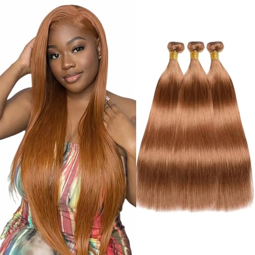 Straight Virgin Human Hair Bundles #30 Auburn Brown 20 22 24 Inch Brazilian Remy Hair Extensions 12A 3 Bundles Double Weft Soft Silky Weave for Black Women