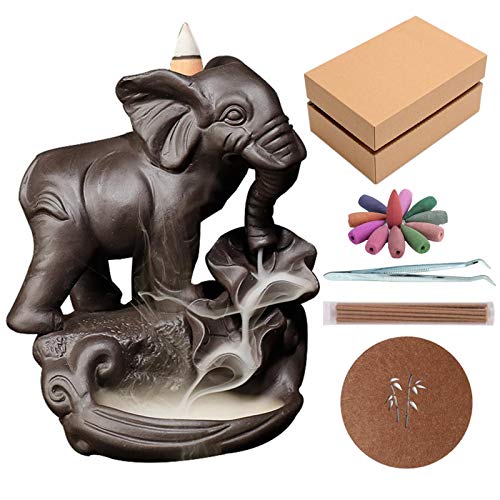 Backflow Incense Holder Burner Handmade Ceramic Incense Cones Sticks Holder Home Decor Waterfall Backflow Incense Burner Censer + 10 Backflow Incense Cones Gift (Elephant)