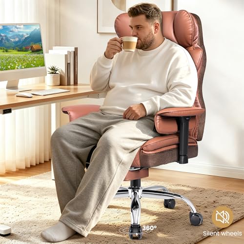 Image of Big & Tall Executive Office Chair, 400 LBS Computer Desk Chair | 23.6 inch Extra-Wide Seat with Footrest, Ergonomic High Back with Lumbar Support, 3.2 inch Adjustable Arms, Brown PU Leather, 2 Pack