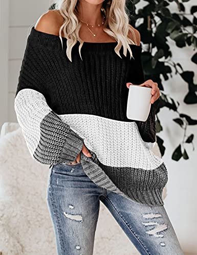 Image of VIMPUNEC Womens Off Shoulder Color Block Sweater Oversized Pullover Top