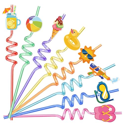 24 Pcs Beach Plastic Drinking Straws – Crazy Straws with Tropical Beach Decorations for Pool Party, Hawaiian Luau, Birthday, and Summer Celebration Supplies