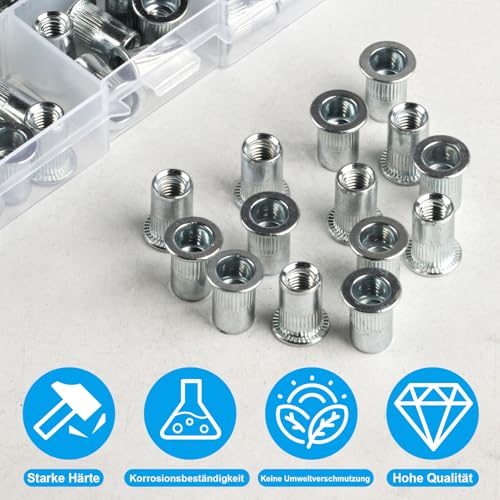 120 Stück Nietmuttern Sortiment, Nietmuttern M6, Blindnietmuttern Set, Einnietmuttern für Nietmutternzange, Flachkopf Einziehmuttern, Gewindehülsen Gewindenieten Hülsenmutter für Metallplatten Rohre