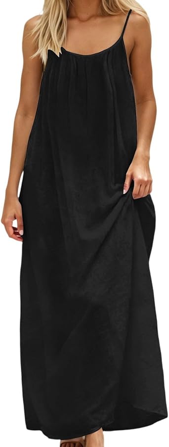 Women Backless Cami Dress Summer Casual Sleeveless House Lounge Spaghetti Strap Flowy Long Beach Sundress