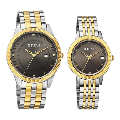 Image of Titan Bandhan Eternal Pair Analog with Date and Gun Dial Dual Tone Stainless Steel Strap Watch for Couples - 19682968BM01