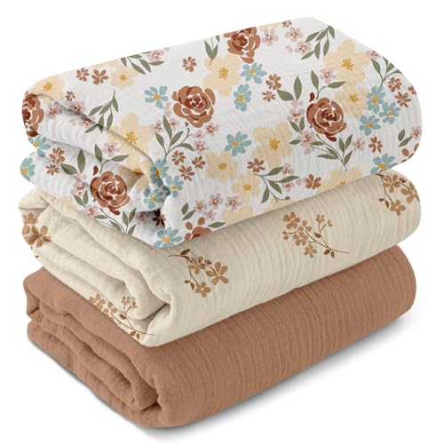 Image of Muslin Swaddle Blankets for Newborn, 3 Pack Breathable Soft Receiving Blanket, Large 38 x 40 inches Swaddle Wrap Burping Clothes, Essentials Infant Shower Items, Toddler Gift (Rustic Floral)