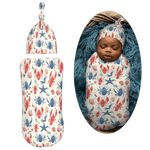 Image of Blue and Red Lobster Newborn Swaddle Blankets Hat Sets Soft Baby Receiving Blanket Swaddle Sack for Baby Shower Infant Boy Girl Gift