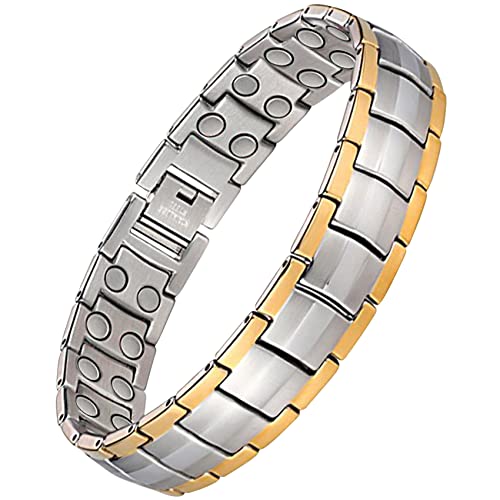 Feraco Magnetic Bracelet for Men Titanium Steel Magnetic Bracelet for Men with Double Row Magnets Adjustable (Silver & Gold)
