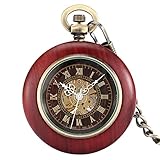 JFNHUTL Reloj de Bolsillo automático mecánico de Alta Gama de Bronce y sándalo Rojo para Hombre, Esfera Digital Romana, Cadena de Plata, Colgante, Regalo