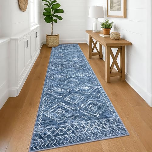 KILOCOCO Hallway Runner Rug 3'x12' Runners for Hallways Washable Runner Rug Soft Non Slip Printed Geometric Runner Low-Pile Rug Runner for Bedroom Kitchen Living Room, Stonewashed Blue