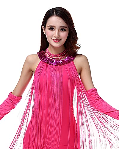 Grouptap Latin dance party womens crew neck fringe tassel dress (no arm gloves) girls cha cha costume (UK Women 4/6/8) (Pink, XS) - Image 2