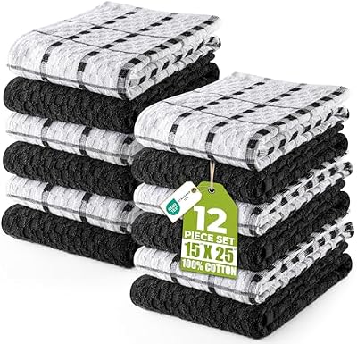Utopia Towels Toallas de Cocina, 38 x 64 cm, 100% algodón Hilado en Anillo, Toallas de Plato súper Suaves y absorbentes, Toallas de té y Toallas de Barra, (Paquete de 12) (Negro Y Blanco)