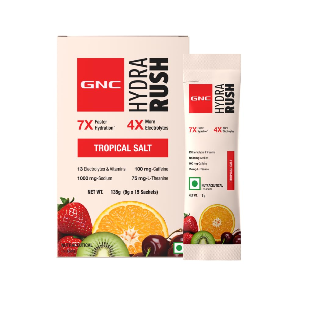 GNC HydraRush | Up to 7X Faster Hydration | Advanced Hypotonic Hydration Formula | 13 Electrolytes, Vitamins + Himalayan Pink Salt | Caffeine + L-Theanine Energy | 0g Sugar Electrolyte Drink for Workout, Running & Summer Hydration | Tropical Salt | 9g x 15 sachet-image-7