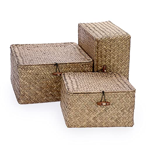 Hipiwe Wicker Shelf Baskets Bins With Lid Handwoven Storage Baskets Boxes Natural Seagrass Basket Box Home Decorative Household Organizer Bins Boxes For Shelf Organizing,Set Of 3 #TOP4