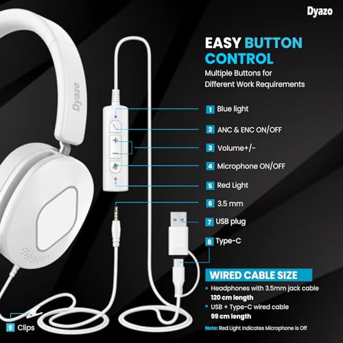 Image of Dyazo 3-in-1 Wired Headset with Mic | Active & Environmental Noise Cancellation | USB, Type-C & 3.5mm Connectivity | Volume & Mute Controls | On-Ear Headphones for PC, Laptops & Mobile Phones (White)