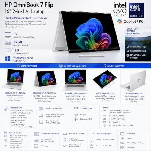 Image of HP OmniBook 7 Flip 16 inch 3K OLED Touchscreen 2-in-1 AI Laptop, Intel Core Ultra 7 258V (Intel Evo Platform, Up to 4.8GHz), 32GB LPDDR5x RAM | 2TB SSD, Backlit Keyboard, Copilot+ PC, Windows 11 Home