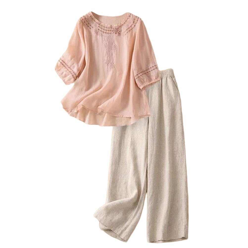 shownicer Ensemble Coton et Lin pour Femme Grande Taille Costume Été Deux Pièces Chemise et Pantalon 2 Pièces Set