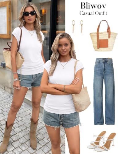 Image of Bliwov Womens Summer Tops Cap Sleeve Crew Neck Casual T Shirts