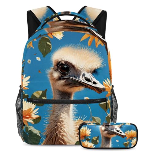 Sac à dos motif autruche ergonomique contre le mal de dos avec trousse scolaire ado