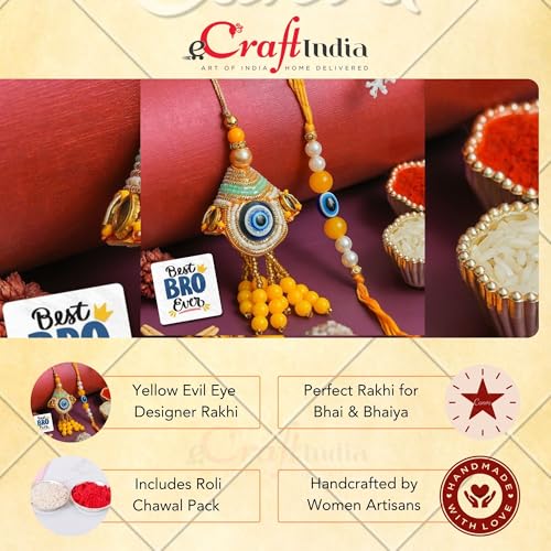 Image of eCraftIndia Yellow Evil Eye Designer Bhaiya Bhabhi Rakhis with Best Bro Ever Fridge Magnet | Set of 2 Rakhi for Brother and Bhabhi | Lumba Rakhi | Roli Chawal Pack