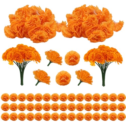 Micvtve Guirnalda de luces de caléndula para decoración del Día de Muertos, 1.5 m, 10 luces LED de caléndula artificiales alimentadas por pilas, 50 flores artificiales de caléndula con tallos para