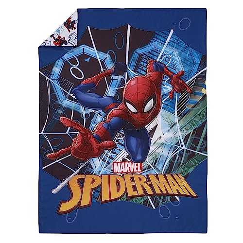 Image of NoJo Marvel Spiderman to The Rescue Red, White, and Blue 4 Piece Toddler Bed Set - Comforter, Fitted Bottom Sheet, Flat Top Sheet, and Reversible Pillowcase