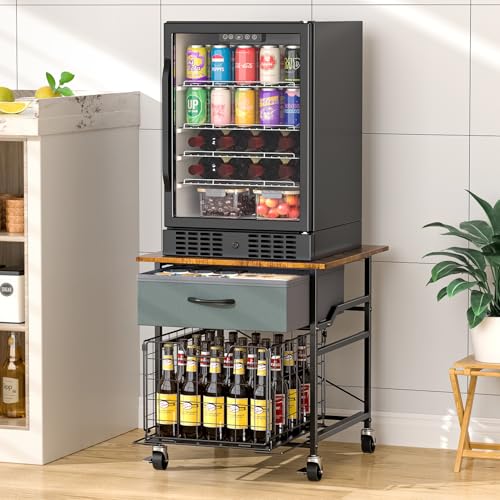 Image of GloCryp Mini Fridge Stand, Heavy-Duty End Table Fridge Table with Storage, Small Refrigerator Stand with Rolling Wheels for Dorm, Kitchen,Pantry