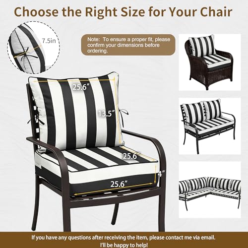 Image of 25.6x25.6 Outdoor Chair Cushions 4 Set, Waterproof Deep Seat Cushions for Patio Furniture with Removable Cover, Fade Resistant 4'' Outdoor Seat Cushion w / Ties&Handle for Sofa Loveseat,Black Striped