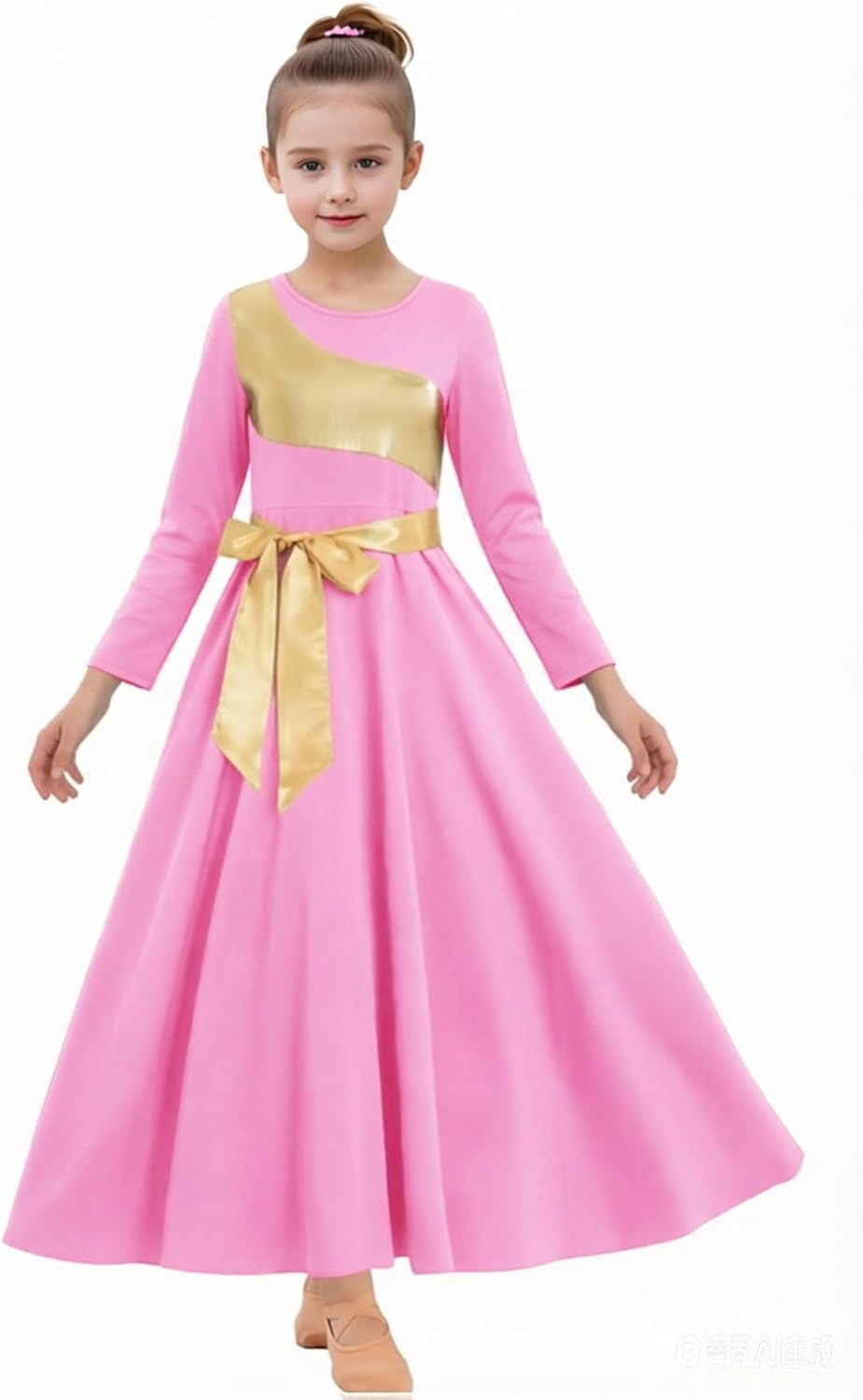 ORIDOOR Girls Praise Dance Dress Metallic Gold Liturgical Worship Church Robe Full Length Swing Lyrical Costume