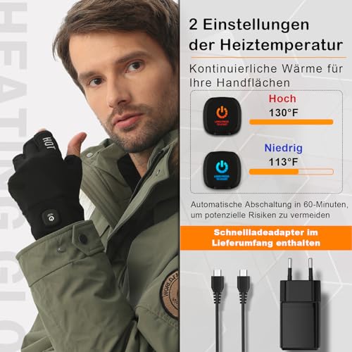 uncn Beheizte Handschuhe Fingerlos für Frauen Mann Arbeit Touchscreen Handschuhe für Winter Kaltes Wetter Wiederaufladbare Elektrik