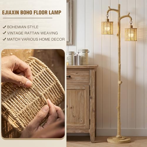 EJIAXIN Floor Lamp for Living Room - 69" Farmhouse Tree Trunk Standing Lamps - Country Resin Tall Lamp with 2 Rattan Lampshade - Rustic Floor Lamp for Bedroom Office Home Decor by EJIAXIN - Used condition - Image 2