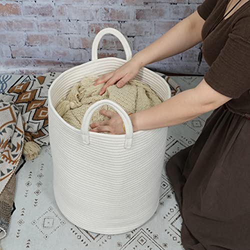XUANGUO Cotton Rope Laundry Basket Hamper for Clothes Decorative Woven Storage Basket for Living Room Bedroom Boho Tall Rope Baskets for Blanket Toys Baby Nursery Hamper Bin Large white - Image 4