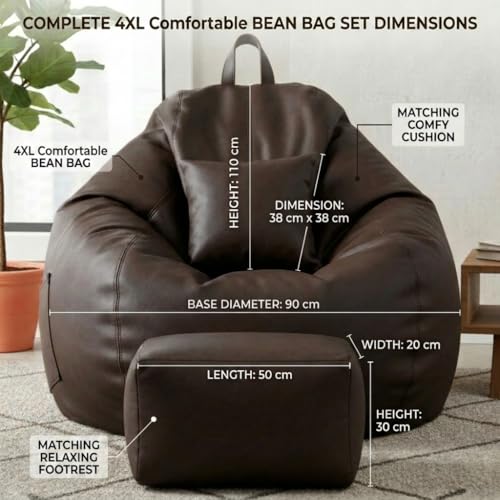 Image of KAM'S LIEU 5XL Luxury Faux Leather Bean Bag with Footrest & Cushion | Pre-Filled High-Density Polystyrene Beans | Premium Leatherette | 6 Months Warranty Color- (Brown, with Footrest)