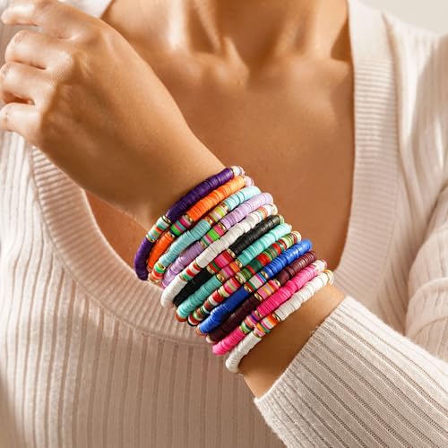 12 Pcs Beaded Bracelets for Women Preppy Surfer Friendship Bracelets Stackable Y2K Summer Beach Colorful Heishi Clay Elastic Layering Stretch Bracelet Bohemian Jewelry Gifts for Women Friend Sister