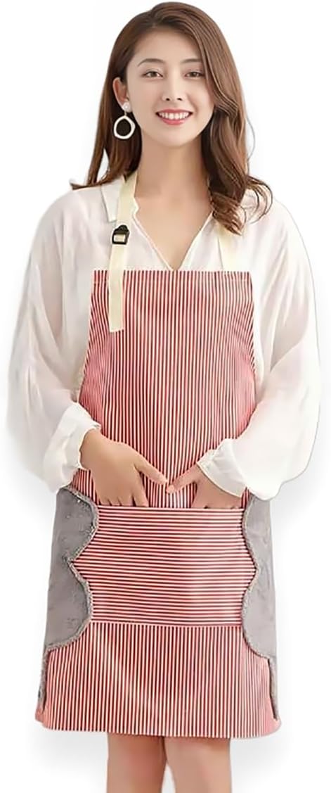 Waterproof Unisex Strips Kitchen Apron with Center Pocket and Both Side Stitched Towel, Adjustable Neck Belt with Plastic Buckle Pack of 1