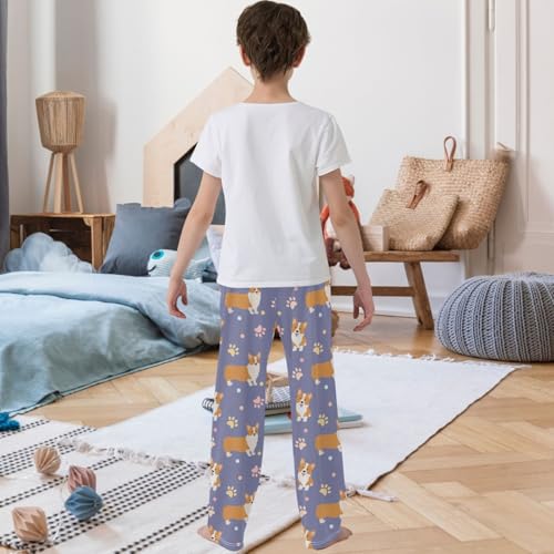 Boy's Pj Pants Happy Corgi Dog Footprint Lounge Bottoms Elastic Waist Kids Joggers with Pockets Size 6-143
