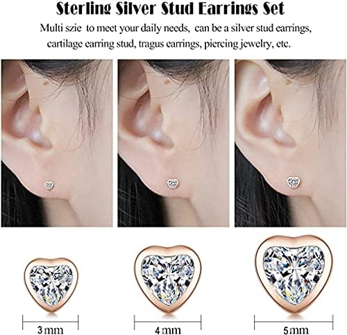 Gulicx 3 Pairs Silver Heart Stud Earrings Set for Women Girls, Hypoallergenic 925 Stering Silver Cubic Zirconia Simulated Diamond Stud Earrings,Small Sleeper Cartilage Studs, Size: 3, 4, 5mm