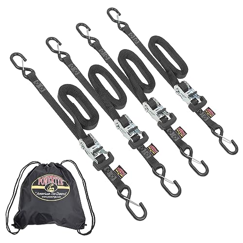 PowerTye 1in x 15ft Rubber Handle Ratchet Straps with Latch Hooks & Storage Bag - 500 lb. Working Load Limit / 1,500 lb. Breaking Strength - Made in USA - Black (4-Pack)