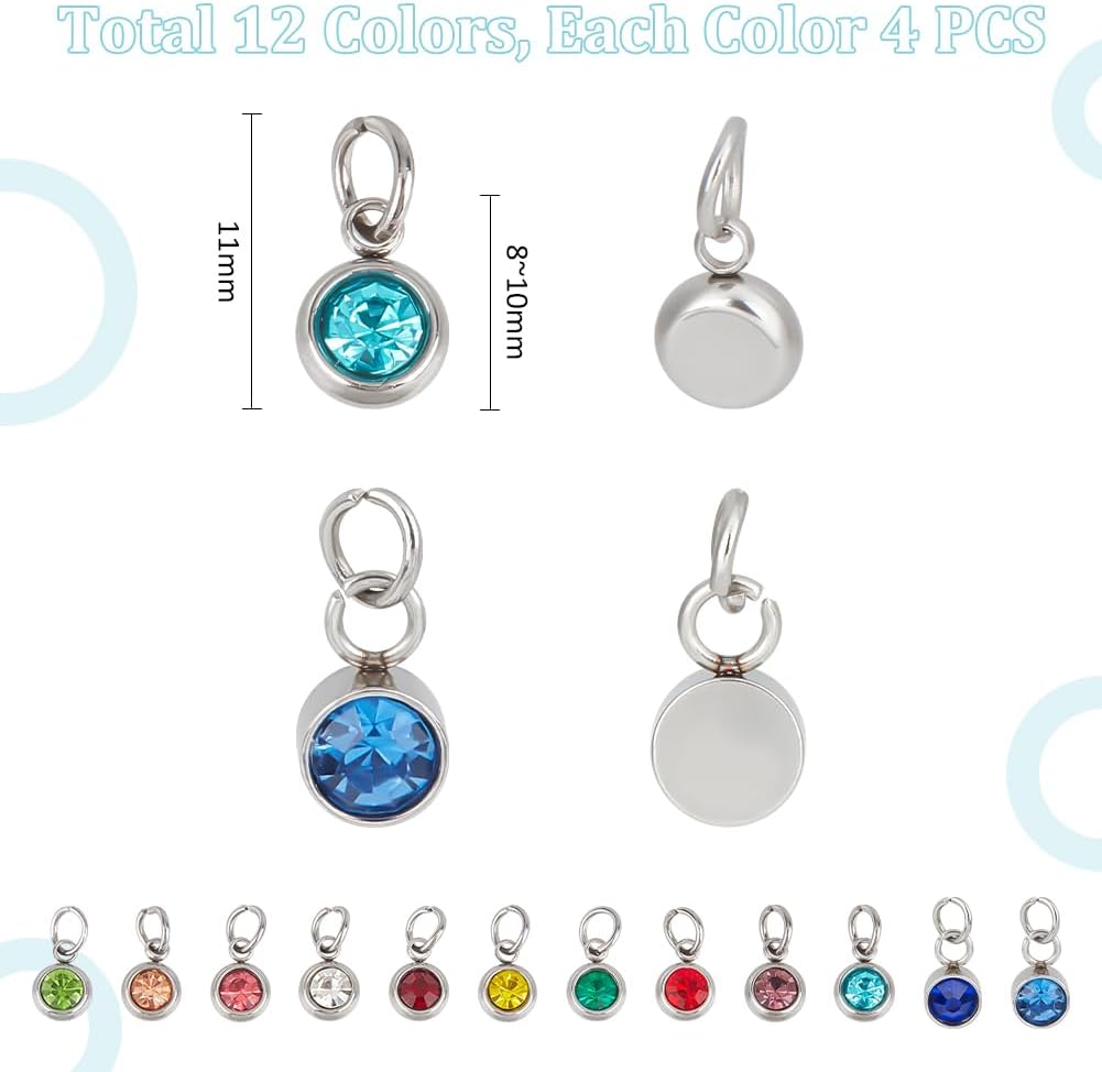 UNICRAFTALE about 48Pcs 12 Colors Crystal Birthstone Pendants 11mm Rhinestone Charms Stainless Steel Crystal Charms with Jump Rings for Bracelet Earrings Necklace Keychain Chokers Jewelry Making ﻿ - Image 3