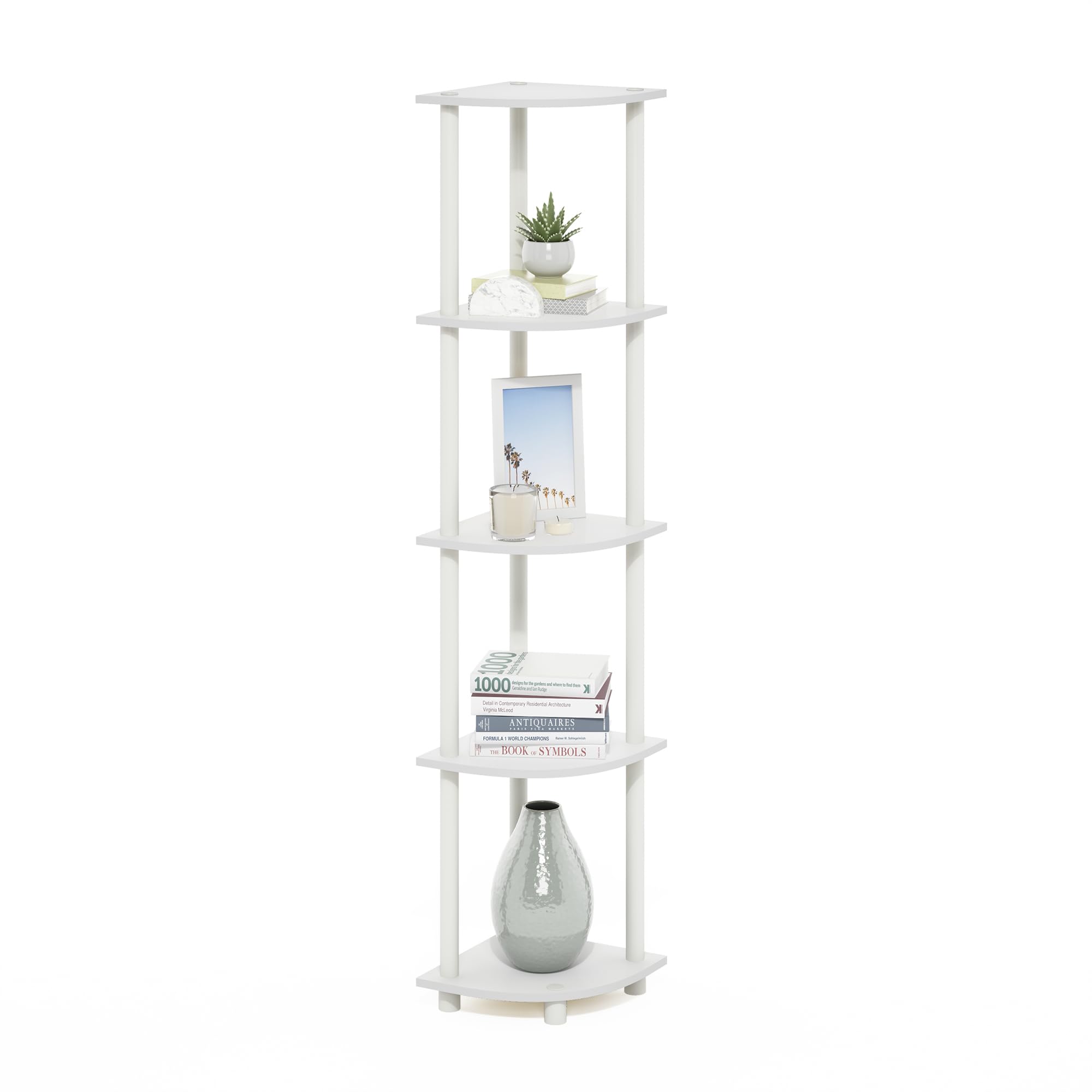Furinno Turn-N-Tube Corner Shelf, 5-Tier Corner Bookshelf, Open Storage Shelves, for Organization and Storage, Living Room, Home Office, Garage, Bedroom, White