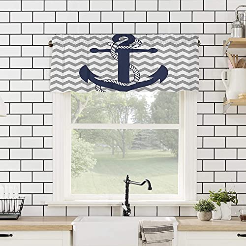 Vograud Nautical Navy Anchor Valance Curtain Grey And White Chevron Zig Zag Ripple Rod Pocket Window Curtain Washable Window Treatment For Kitchen Living Room Bedroom Home Decor 54X18In #TOP3