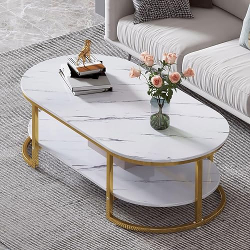 Image of Coffee Tables for Living Room Modern Coffee Table Oval Sofa Table Center Tables for Living Room 2 Tier Side Table Small Apartment Home Furniture Black Gold 2T (White Gold 2T)