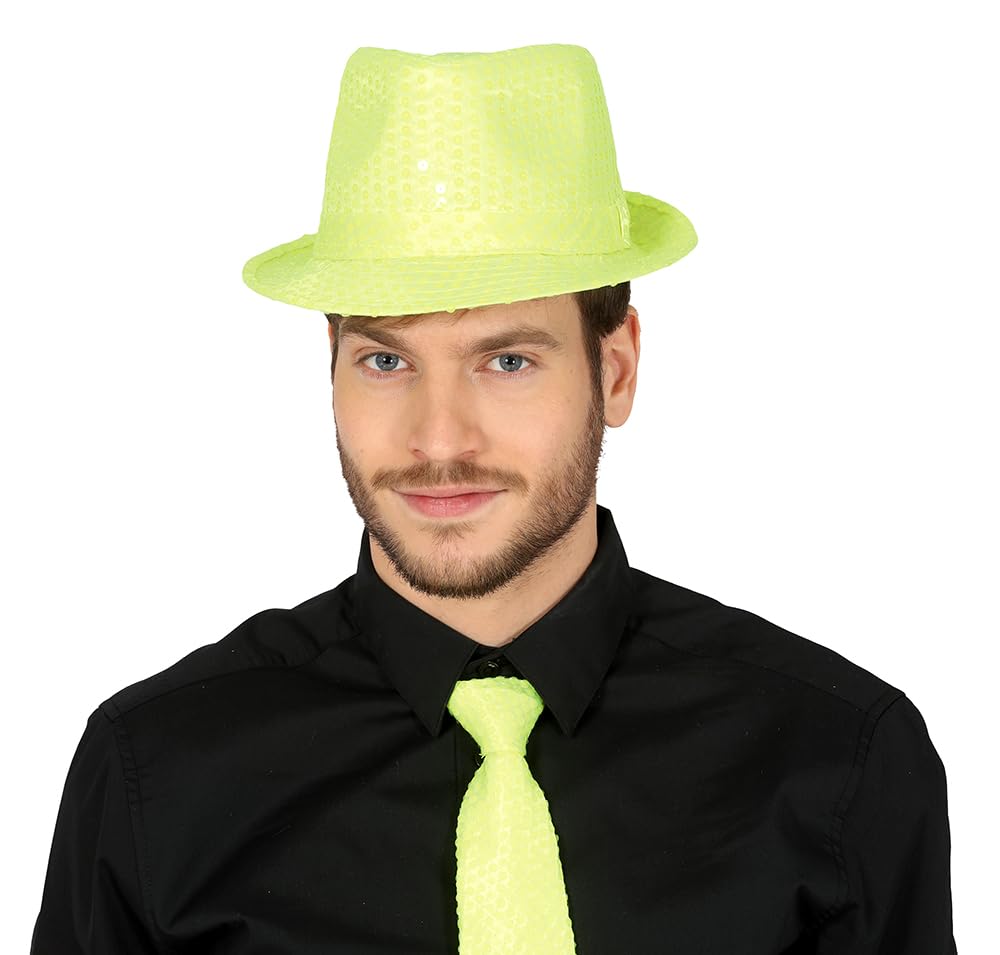 FIESTAS GUIRCA GORRO GANGSTER LENTEJUELAS AMARILLO NEON