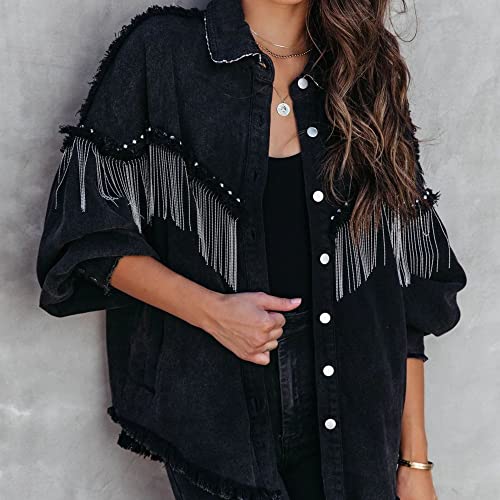 Findthy Women’s Fashion Rhinestone Fringe Jacket Long Sleeve Denim Jean Jackets Cowgirl Coats(1487-Black-M-Lb) #TOP1