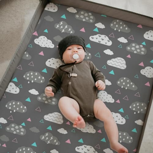 Image of Stretchy Pack and Play Fitted Sheets: 2 Pack Mini Crib Sheets 38x26 - Soft Cozy Material - Fits Most Playards and Travel Playpens, Pack n Play, Nursery Daycare Bedding Essentials, Whale Cloud Print