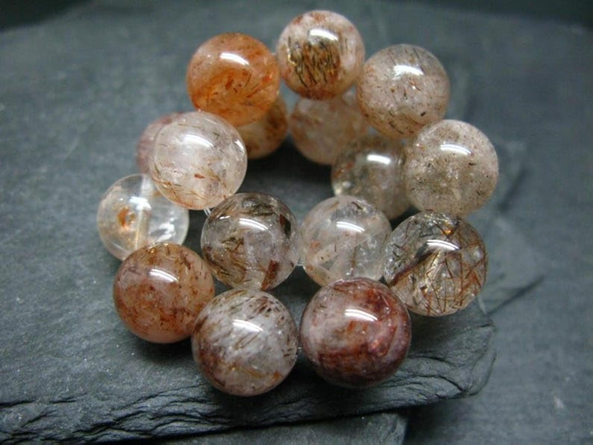 Unisex Natural Rutilated Quartz 12mm Round Bead Stretchable Bracelet