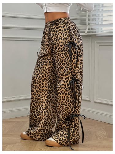 WDIRARA Girl's Leopard Print Bowknot Wide Leg Pants Y2k Elastic Waist Baggy Pants2
