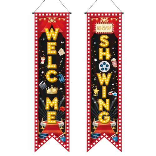 2pcs Movie Night Porch Banner, Welcome Now Showing Hanging Sign Movie Night Theme Party Decorations Supplies for Home Film Theater Camera Action Party Backdrop Birthday Decor (Style 3)