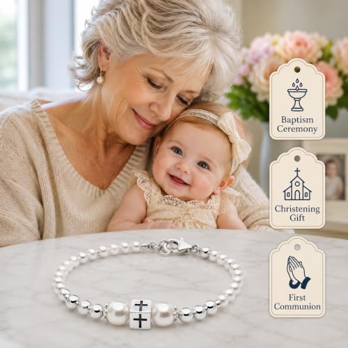 Image of Baby Crystals Personalized Baptism Gifts for Girl Sterling Silver Cross Pearl Bracelet